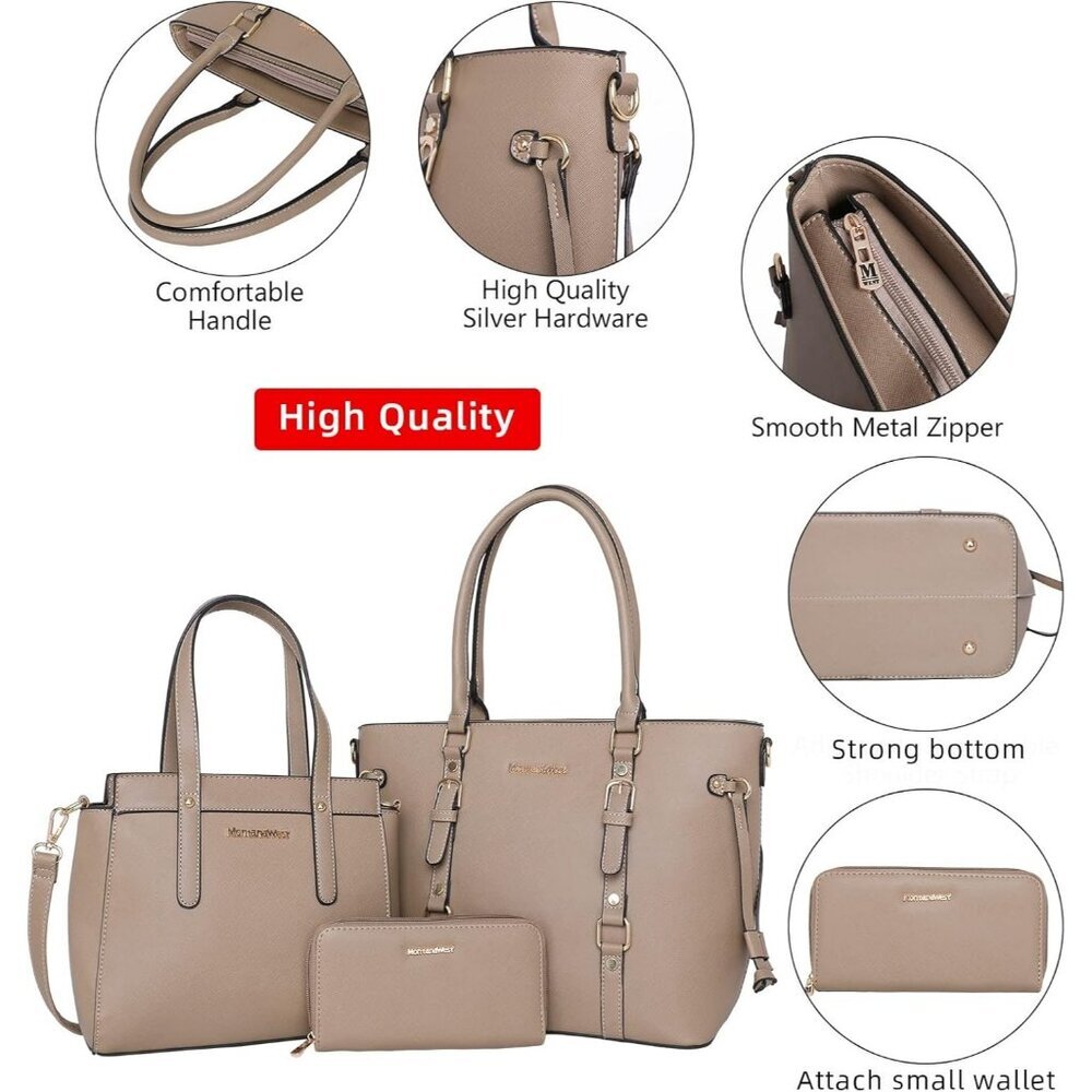 Women’s Khaki 3PCS Purses Set - Tote Bag, Wallet & Shoulder Satchel Handbags - Picture 3 of 6